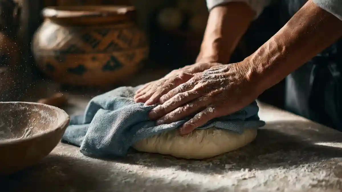temps de repos pâte à pain: Boulanger couvrant la pâte avec un linge humide
