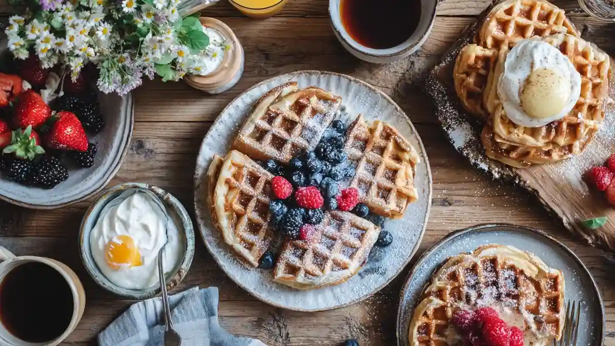 Pancakes et gaufres au levain sur une table rustique