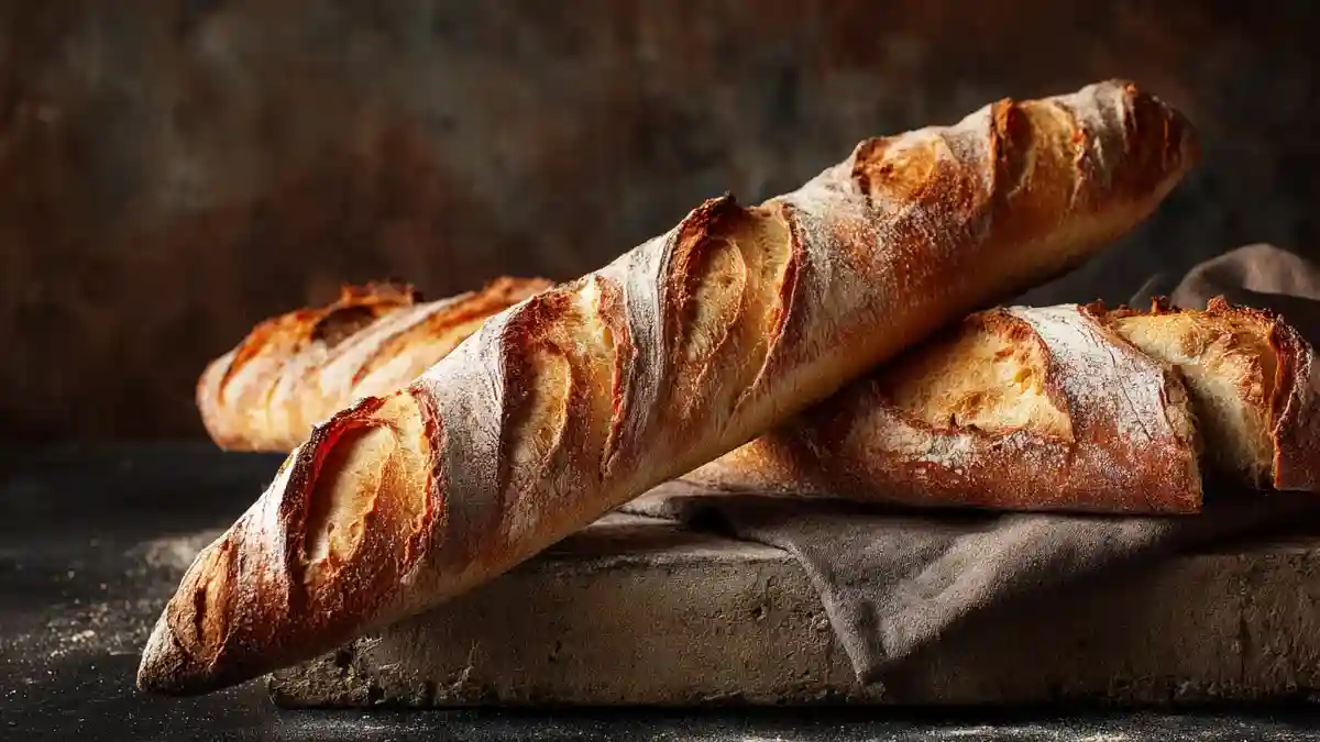 Baguette dorée cuite sur pierre réfractaire.