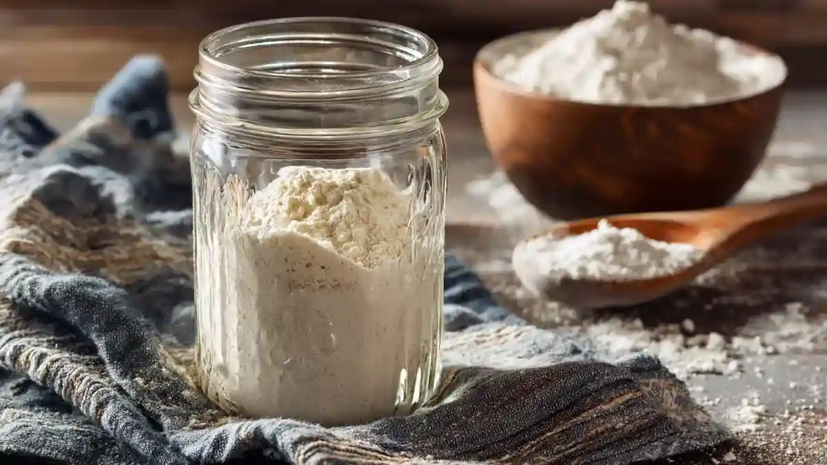 entretien du levain dans un bocal en verre avec farine et eau