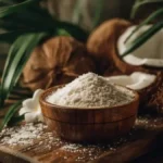 Bol de farine de coco bio posé sur une table en bois avec des noix de coco