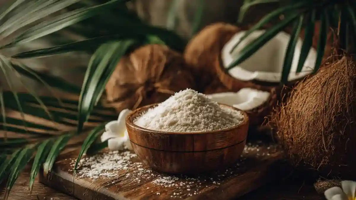 Bol de farine de coco bio posé sur une table en bois avec des noix de coco