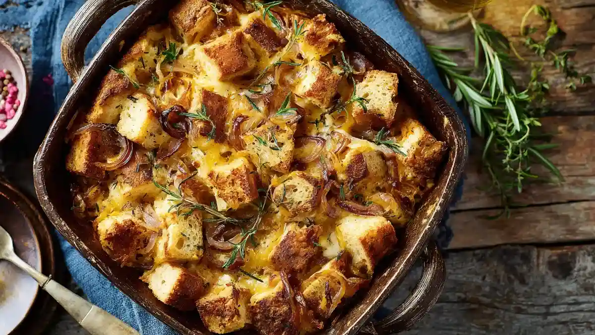 Pain perdu salé au fromage au four doré avec oignons caramélisés.