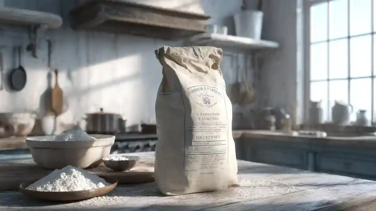 Sac de farine tout usage posé sur une table rustique