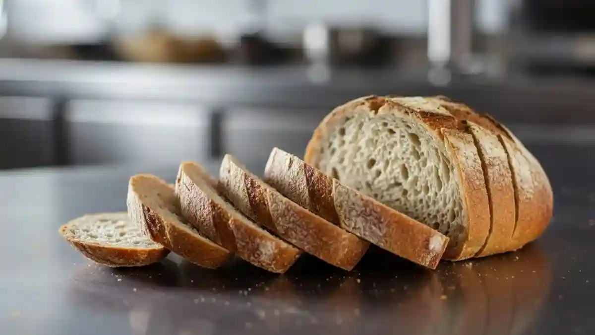 Tranches de pain artisanal alignées sur une table de cuisine