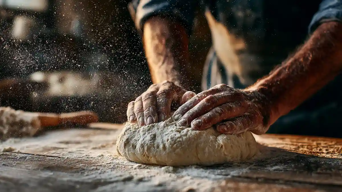 Boulanger pétrissant pâte farine T65