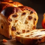 Cramique belge dorée tranchée sur planche en bois