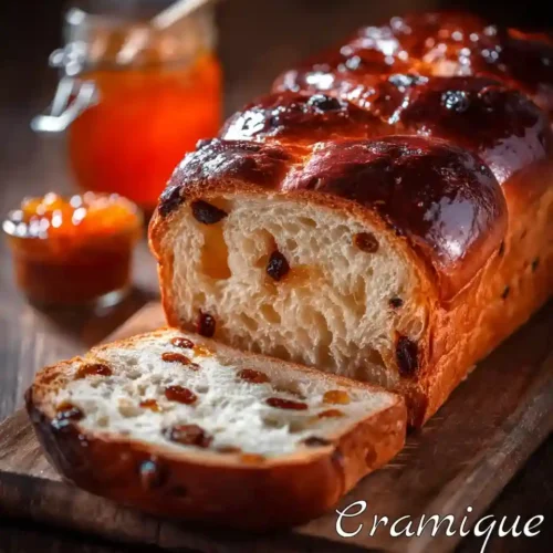 Cramique belge dorée tranchée sur planche en bois