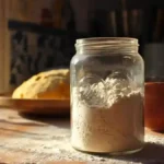 Farine de blé T80 et pâte hydratée sur plan de travail