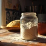 Farine de blé T80 et pâte hydratée sur plan de travail