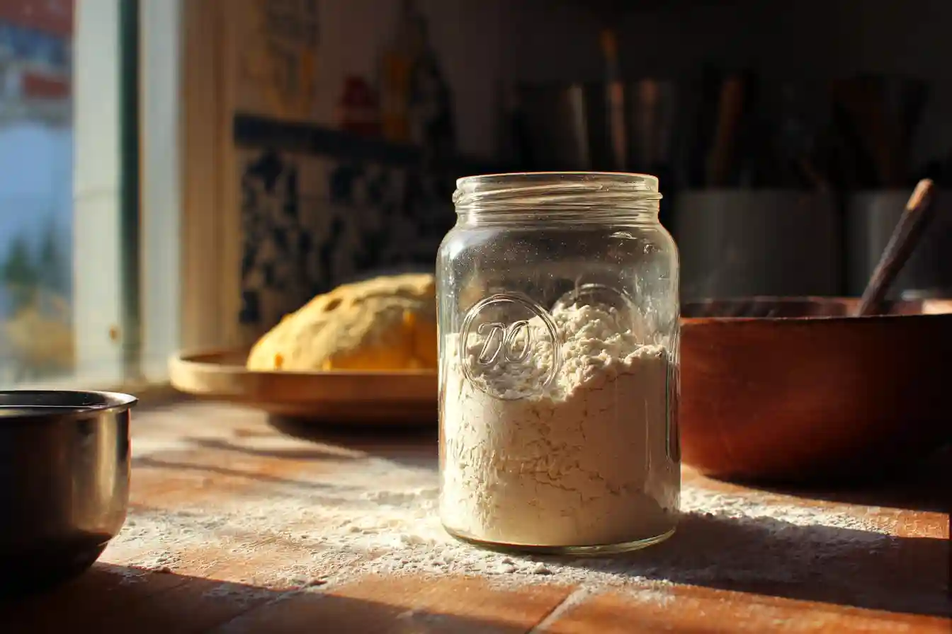 Farine de blé T80 et pâte hydratée sur plan de travail