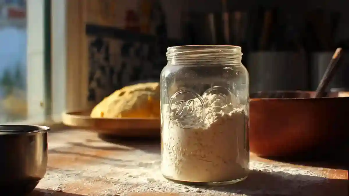 Farine de blé T80 et pâte hydratée sur plan de travail