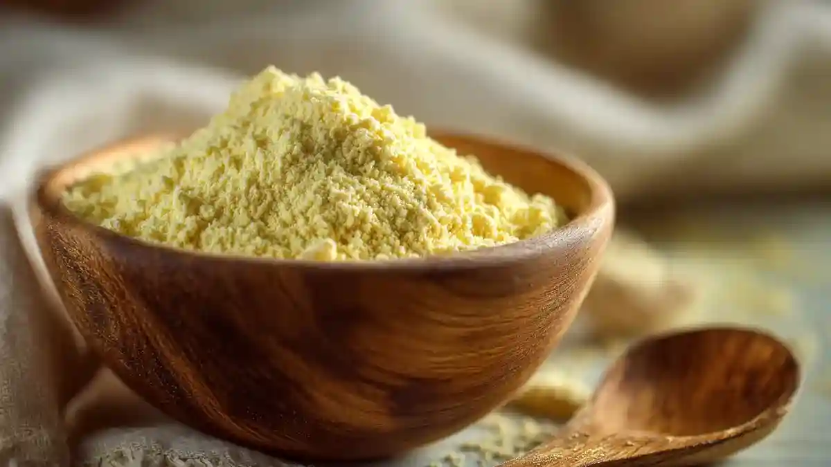 Bol de farine de lupin sur table rustique