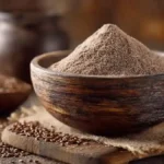 Bol de farine teff avec grains entiers sur table en bois