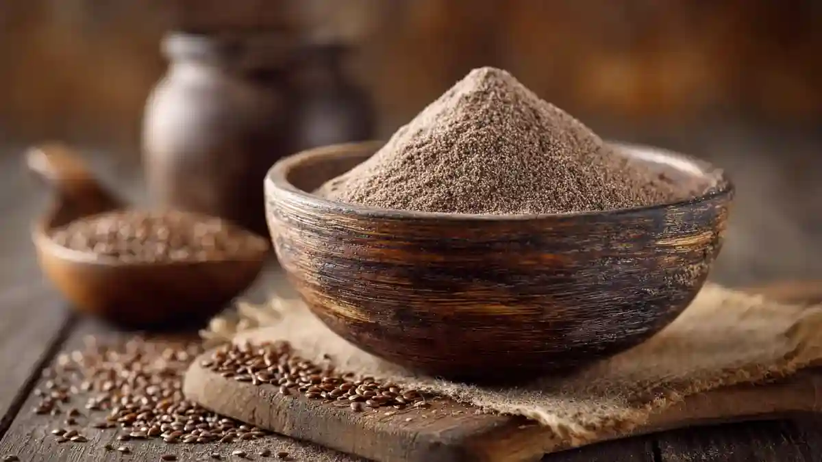 Bol de farine teff avec grains entiers sur table en bois