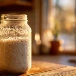 Bocal de levain actif au pic de croissance sur une table en bois