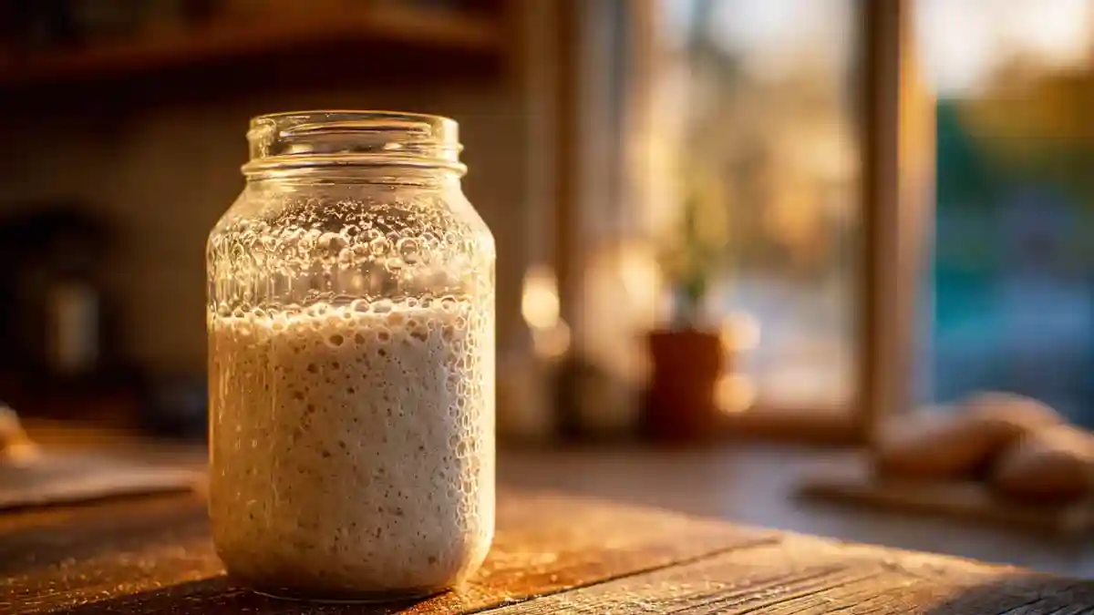 Bocal de levain actif au pic de croissance sur une table en bois