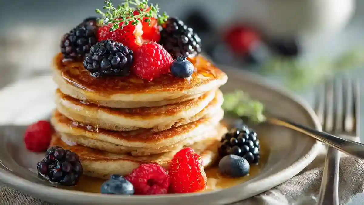 Pile de pancakes à la farine teff avec fruits rouges