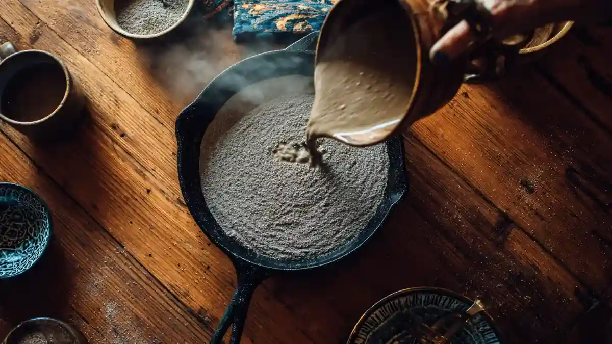 Pâte à la farine teff versée dans une poêle chaude