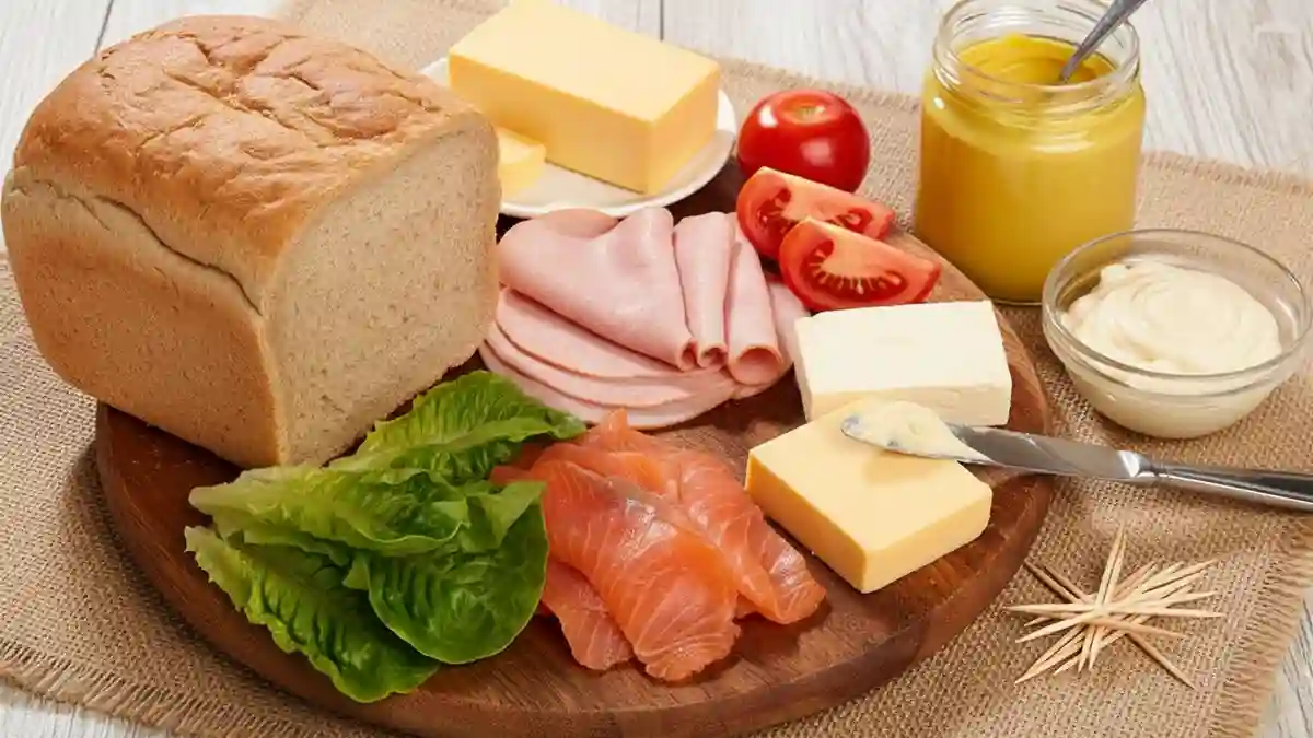 Ingrédients pour pain surprise maison avec pain de mie, jambon, saumon fumé, fromages, crudités et sauces