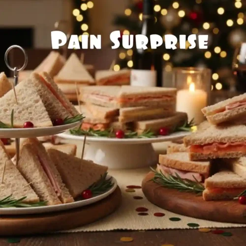 Pain surprise maison composé de sandwiches garnis, présenté sur des plateaux pour un apéritif festif et convivial
