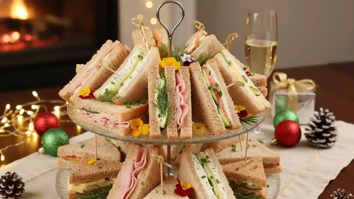 Pain surprise maison garni de mini sandwiches au jambon, fromage frais et concombre, présenté sur un plateau à étages, ambiance festive