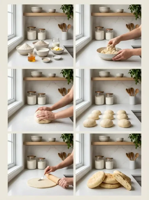 Six étapes de préparation du pain polaire suédois, du mélange à la cuisson