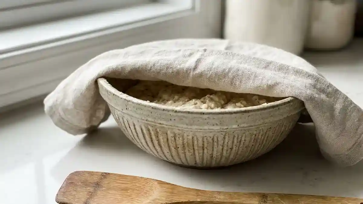 Pâte en autolyse dans un saladier avant le pétrissage.