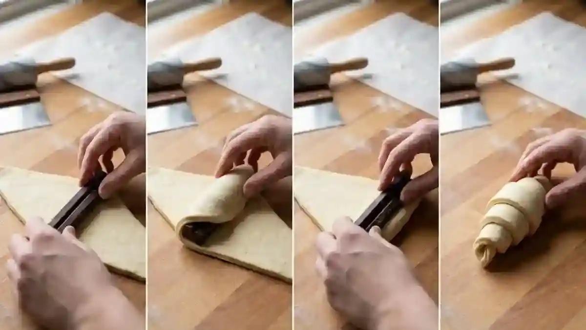 Façonnage du pain au chocolat avec pâte feuilletée levée et barres de chocolat