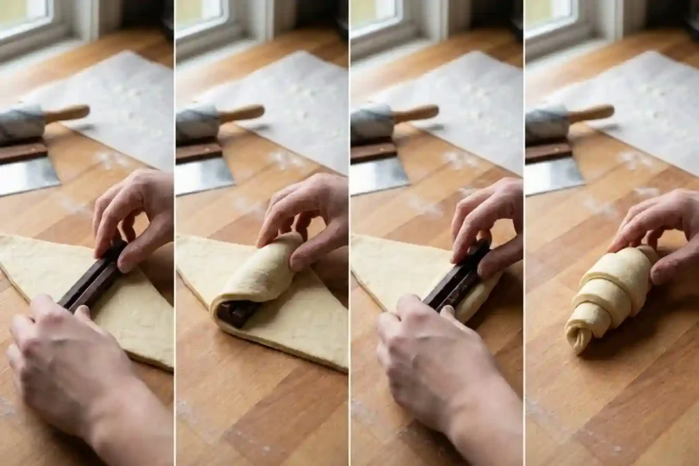 Façonnage du pain au chocolat avec pâte feuilletée levée et barres de chocolat