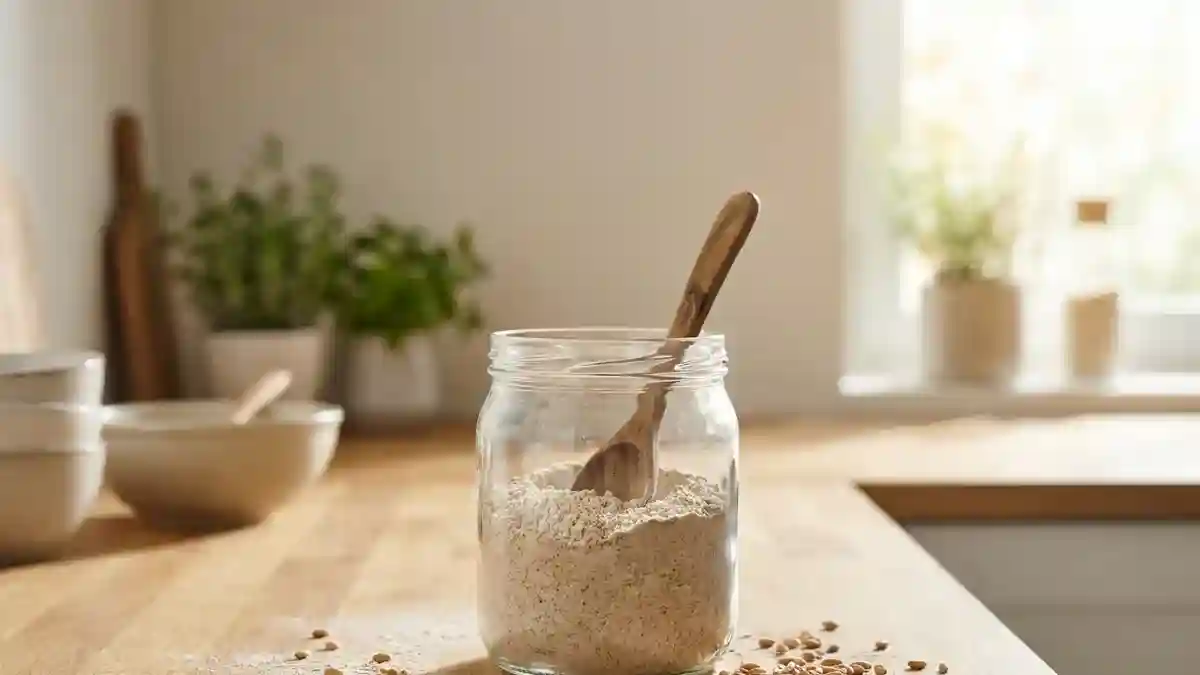 Farine T150 en bocal avec cuillère en bois et grains de blé