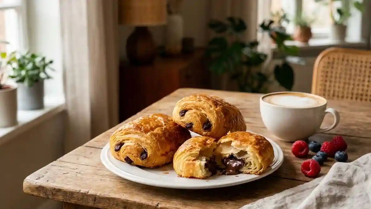 Pain au chocolat maison servi avec café et chocolat fondant