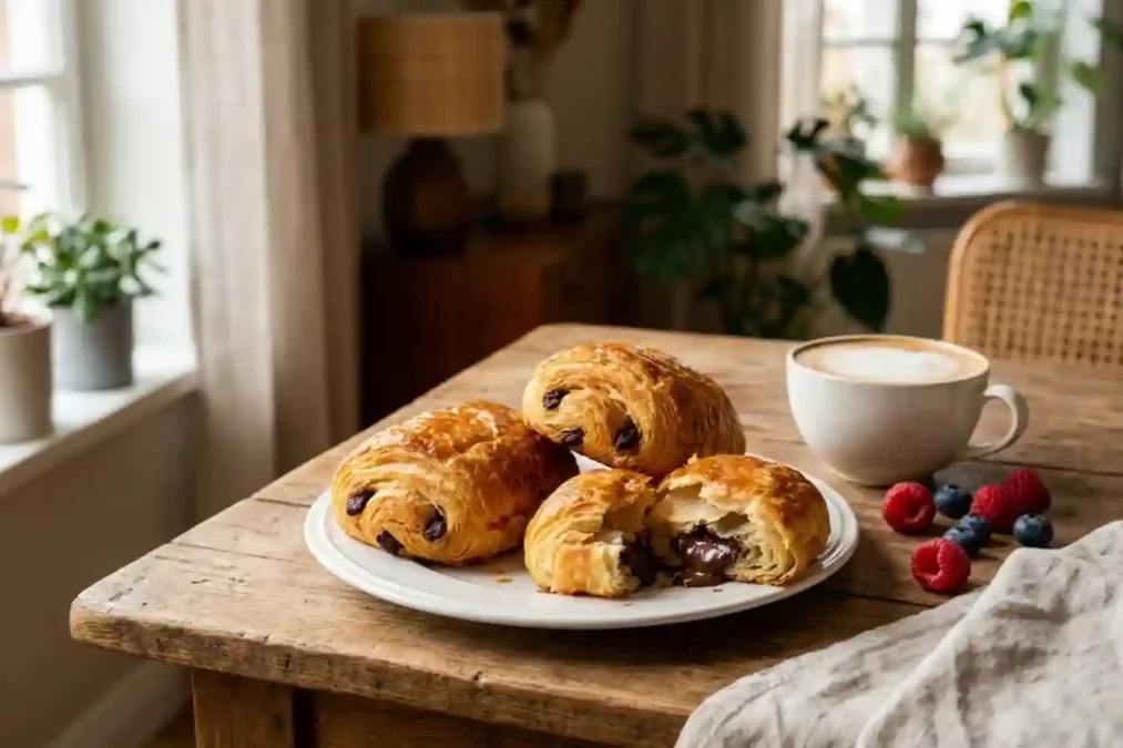 Pain au chocolat ouvert avec chocolat fondu et couches feuilletées visibles