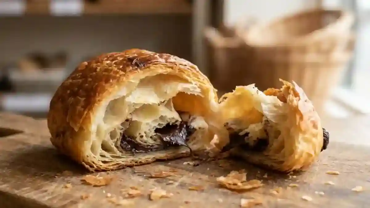 Pain au chocolat ouvert avec chocolat fondu et couches feuilletées visibles