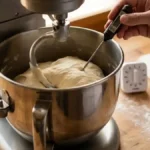 Thermomètre à sonde mesurant la température d'une pâte à pain dans un robot pâtissier après le pétrissage.