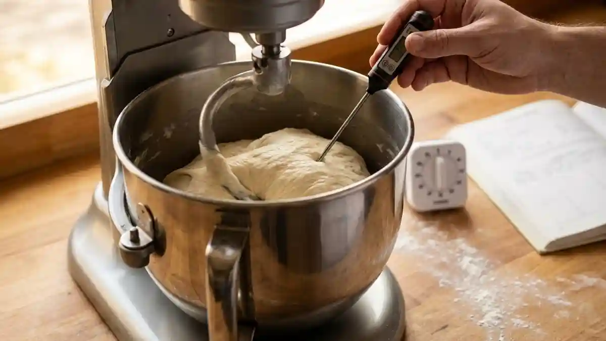 Thermomètre à sonde mesurant la température d'une pâte à pain dans un robot pâtissier après le pétrissage.