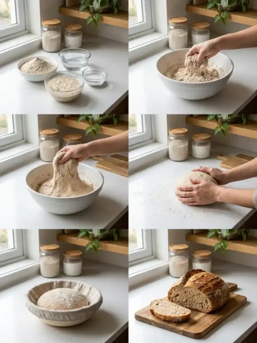 Étapes de préparation d’un pain au levain complet à la farine T150, du mélange des ingrédients jusqu’au pain cuit et tranché