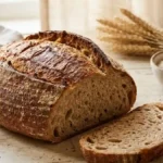 Pain au levain complet à la farine T150 tranché sur une table en bois