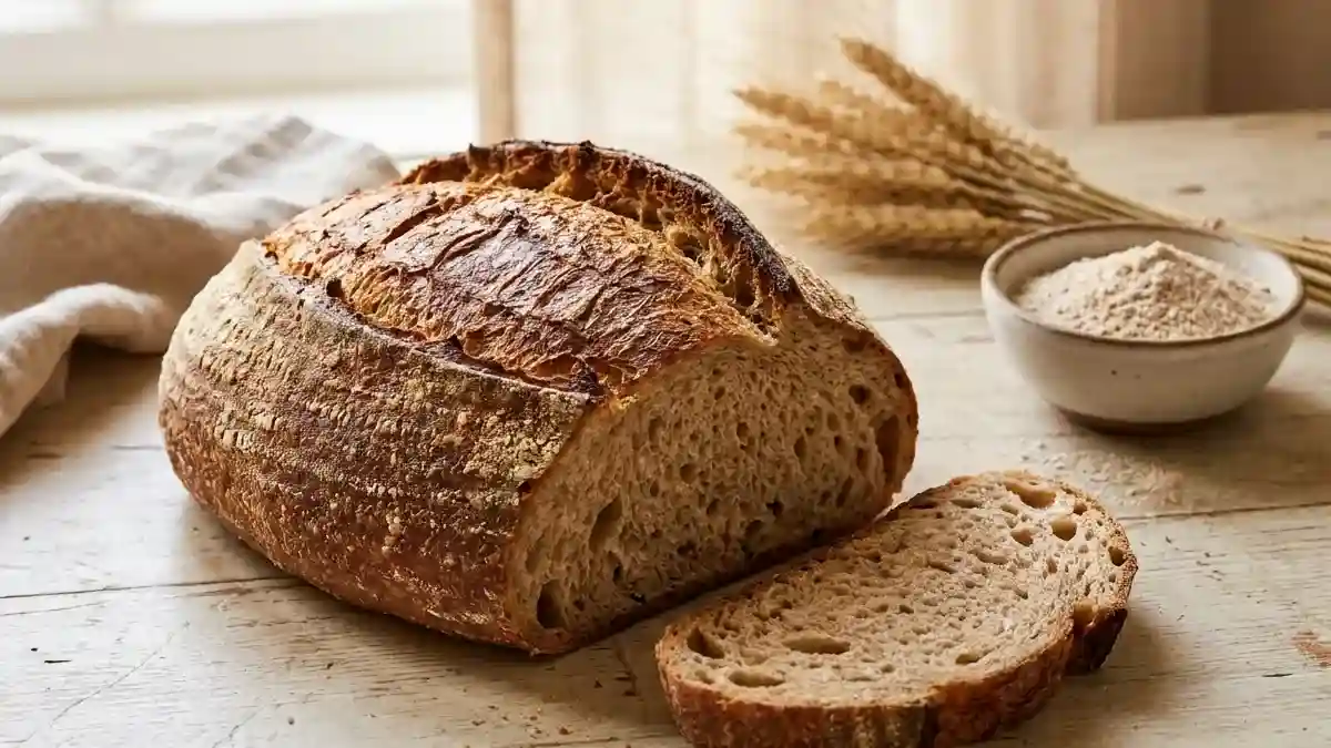 Pain au levain complet à la farine T150 tranché sur une table en bois