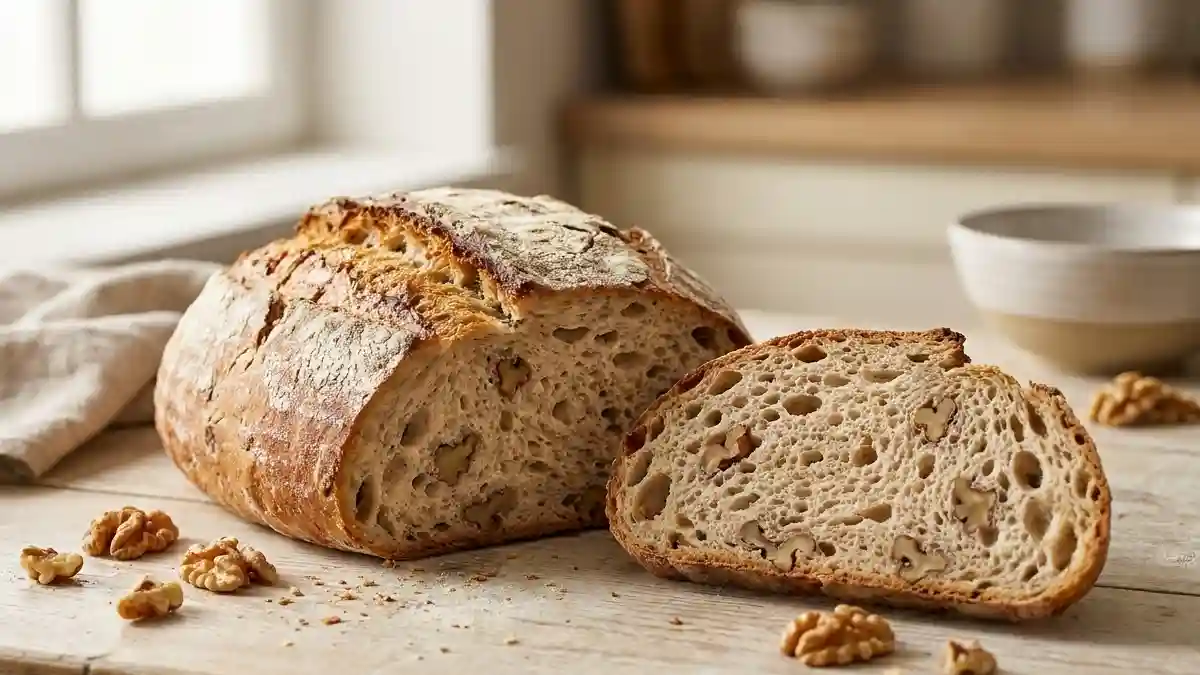 Pain aux noix maison entier et tranché avec une mie moelleuse