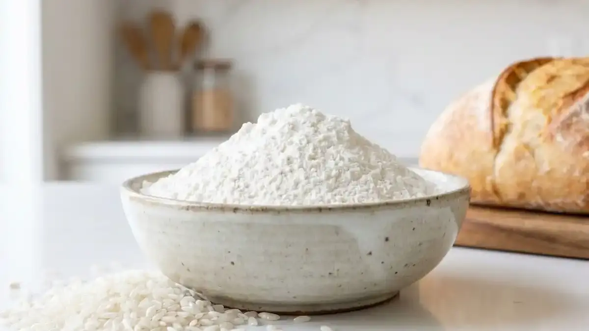 Bol de farine de riz blanche avec grains de riz et pain sans gluten en arrière-plan