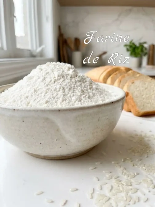 Farine de riz et tranches de pain sans gluten dans une cuisine lumineuse