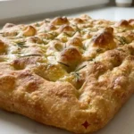 Focaccia au levain dorée au romarin avec surface alvéolée