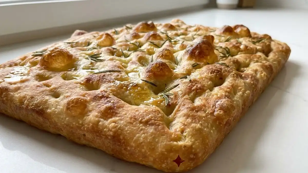 Focaccia au levain dorée au romarin avec surface alvéolée