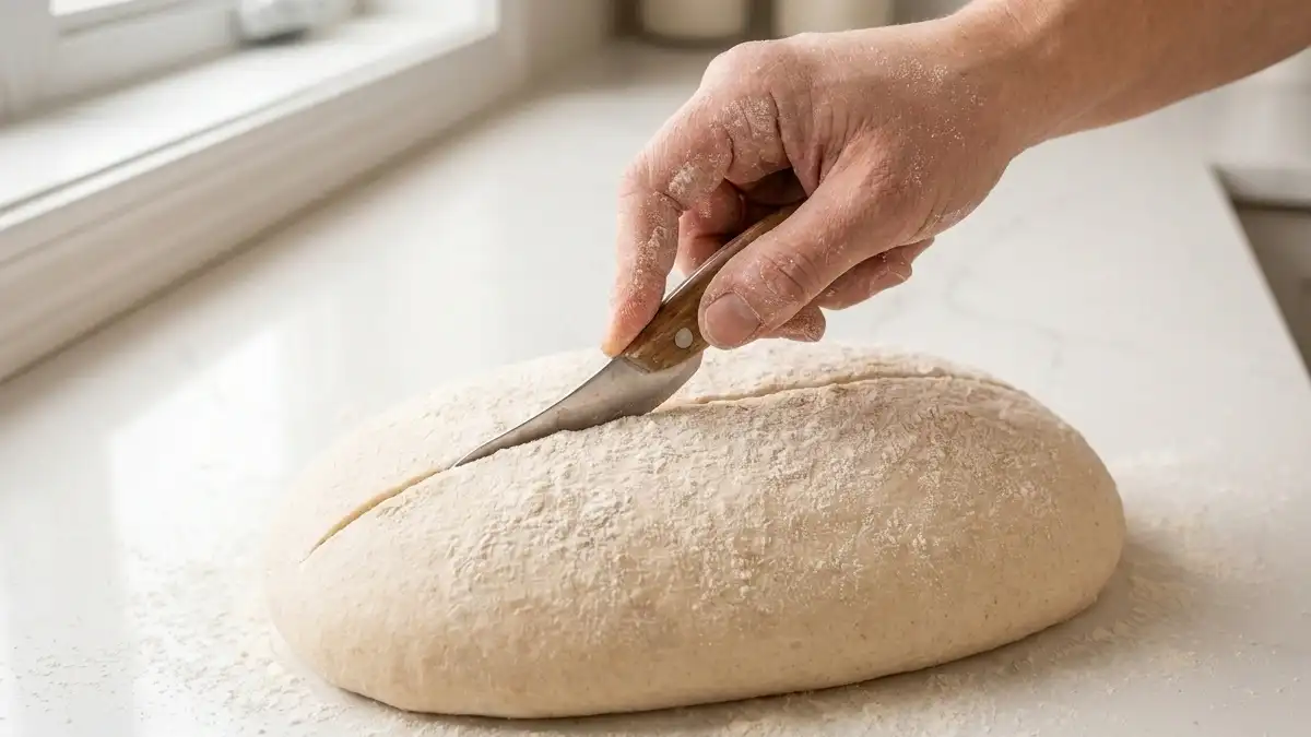 Main utilisant une grignette inclinée pour réaliser le grignage du pain sur un pâton ovale.