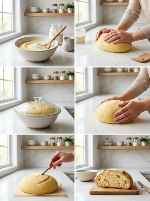 Six étapes de préparation du pain à la semoule fine, du mélange à la cuisson.