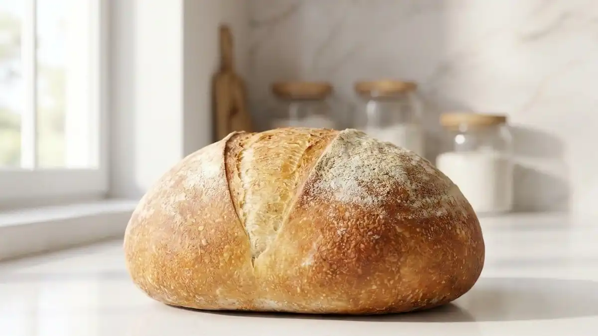 Pain sans sel maison à la croûte dorée posé sur un plan de travail clair