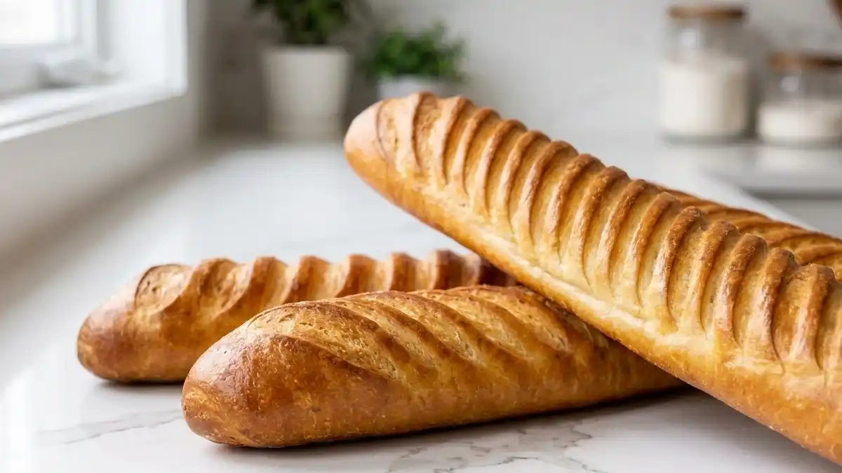 Quatre pains viennois maison dorés et moelleux sur un plan de travail clair