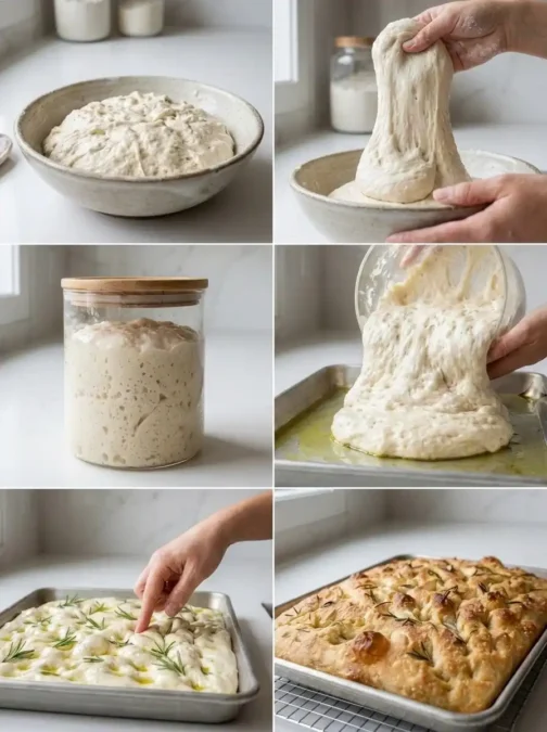 Six étapes de préparation d’une focaccia au levain naturel