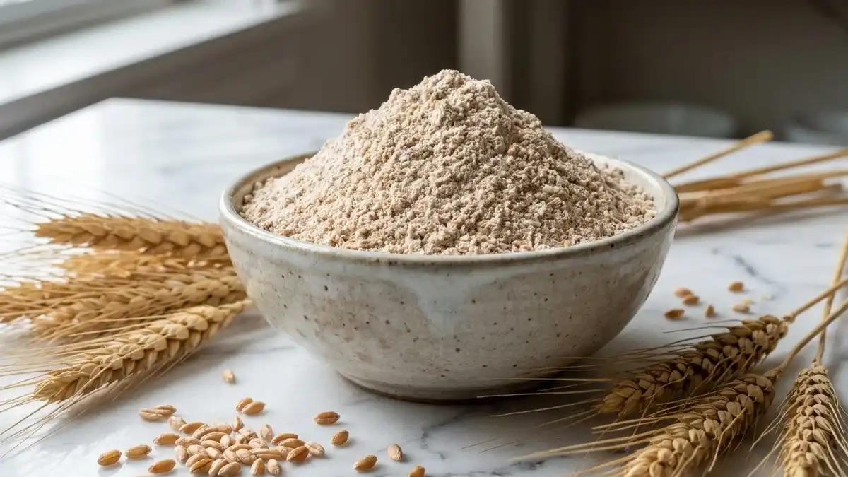 Farine de seigle dans un bol avec grains et épis de seigle